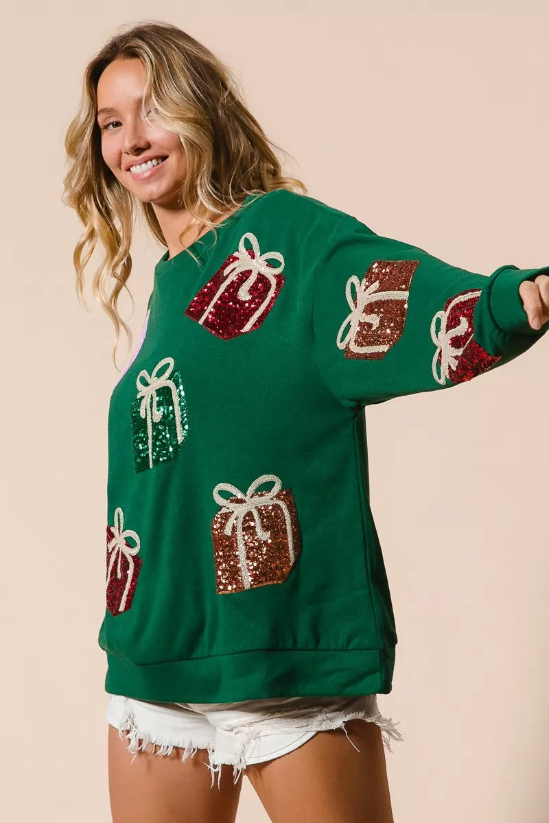Sequin Christmas Presents Embroidered Pullover