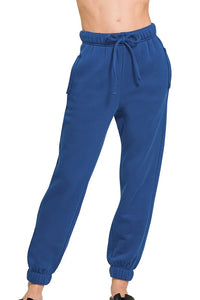 Zenana Fleece Joggers with Pockets in Light Navy
