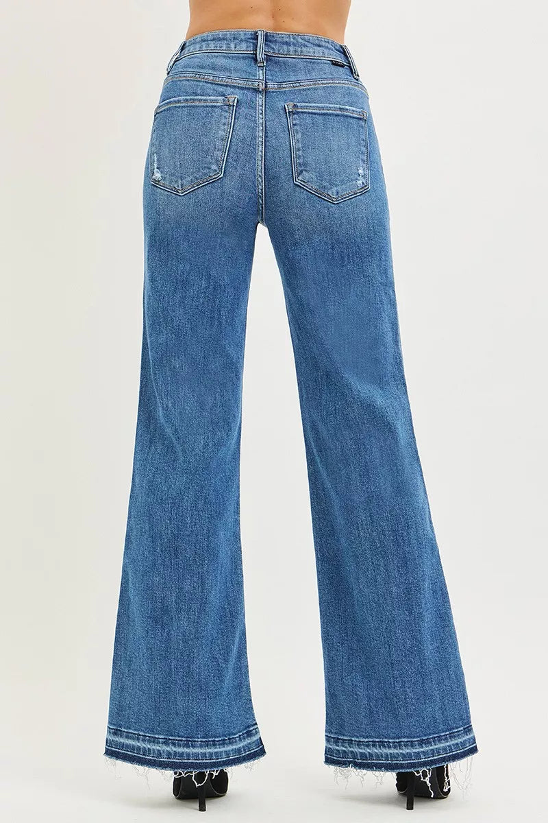 Risen High Rise Release Hem Wide Leg Jeans
