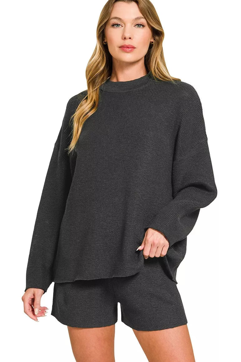 Sweater Knit Top and Shorts Set in Black