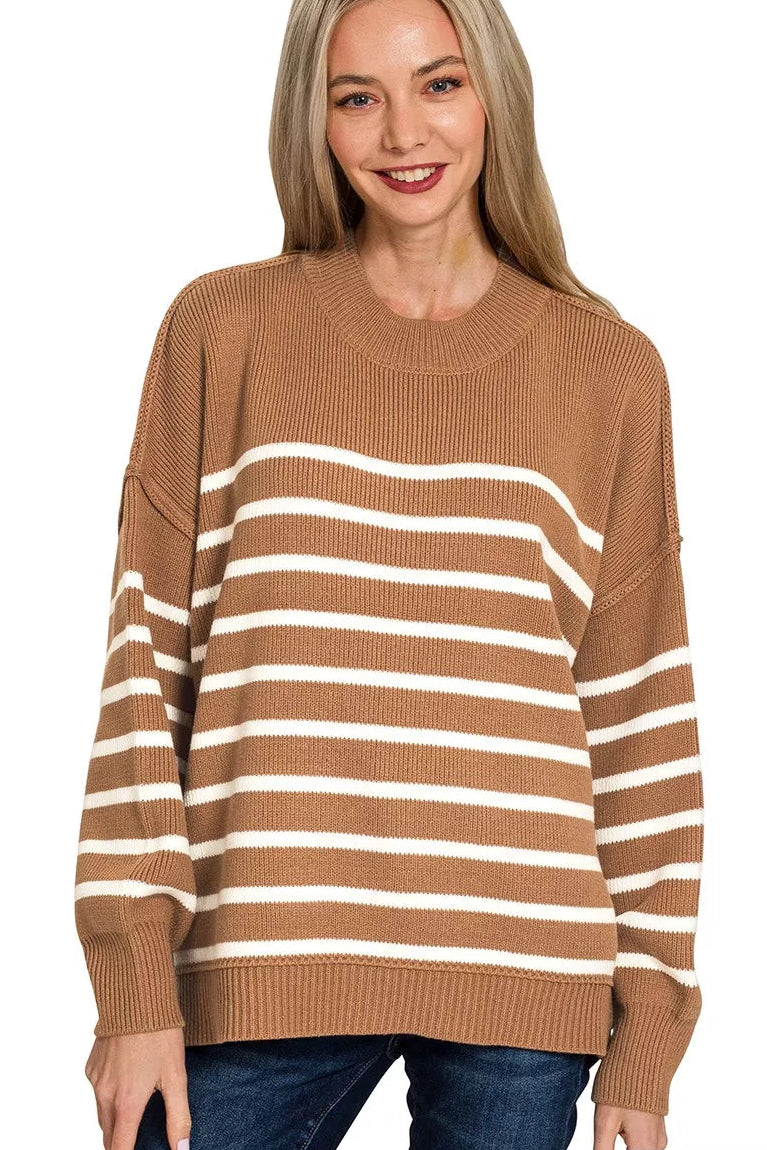 Zenana Exposed Seam Striped Oversized Sweater in Deep Camel