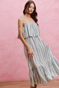 So Me Nautical Stripe Tiered Shoulder Tie Midi Dress