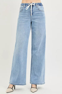 Risen High Rise Slouchy Wide Leg Jeans with Drawstring PW21423