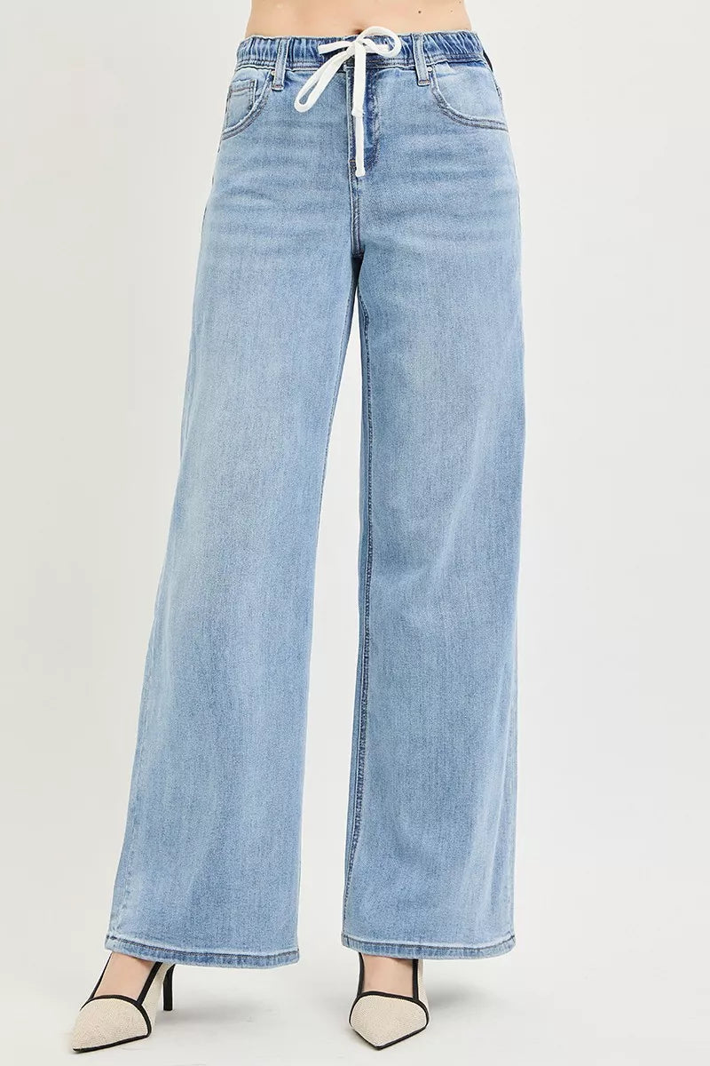 Risen High Rise Slouchy Wide Leg Jeans with Drawstring PW21423