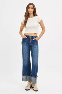 Risen High Rise Crop Wide Straight Cuffed Jeans
