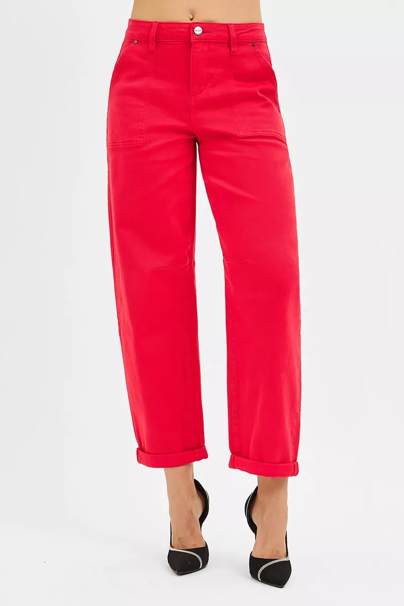 Risen High Rise Ankle Cuffed Barrel Pants in Scarlet Red