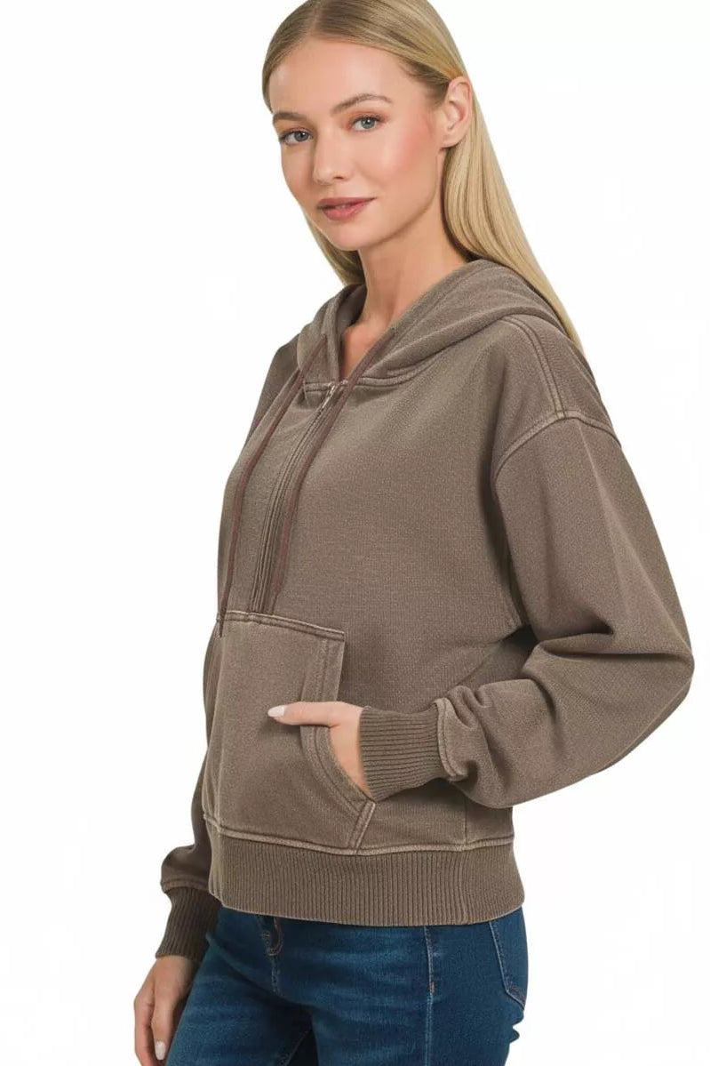 Zenana Fleece Pigment Dyed Half Zip Kangaroo Pocket Hoodie in Brown