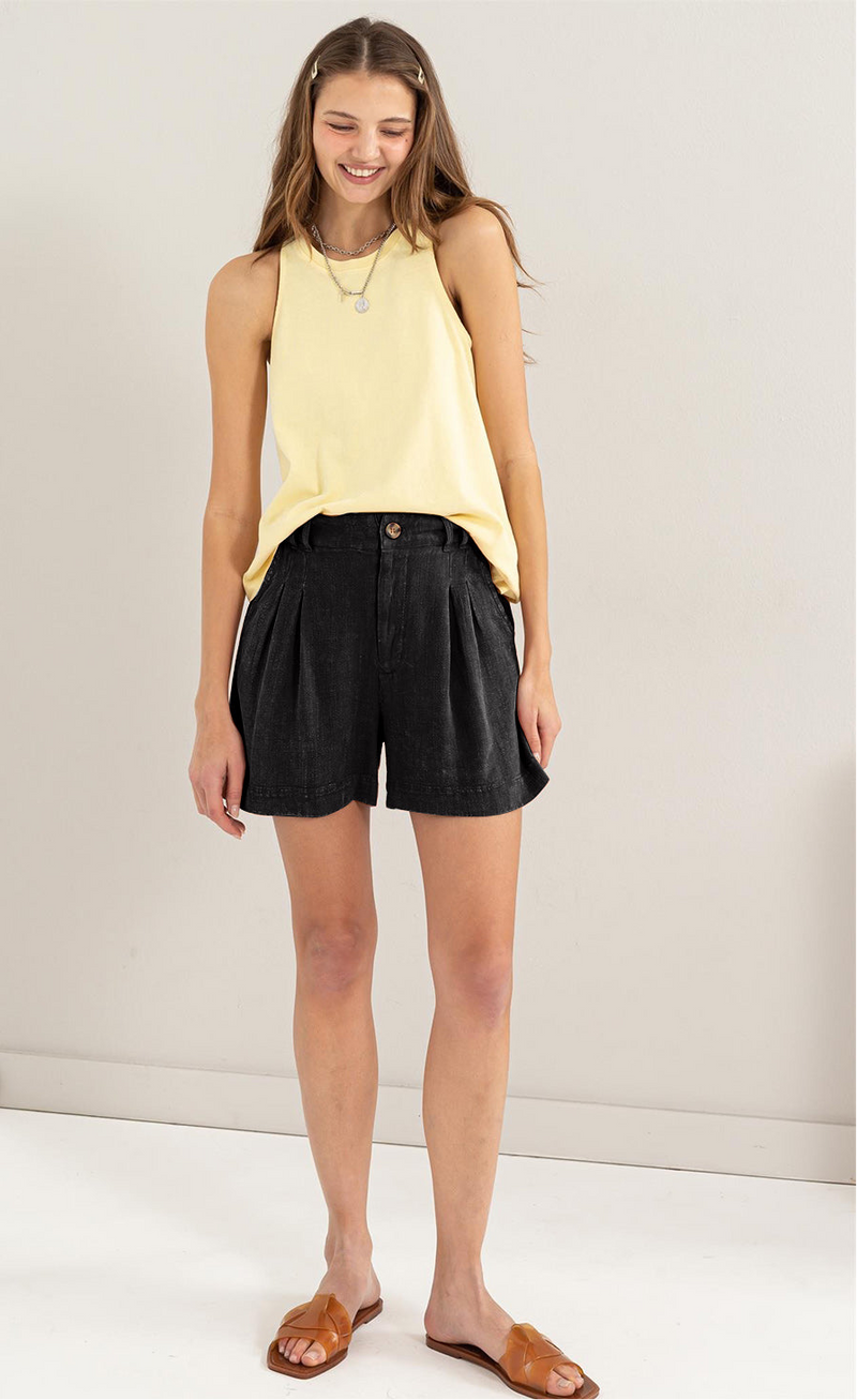 High Waist Pleated Linen Shorts - Black 