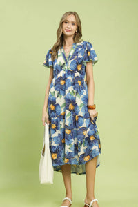 Umgee Blue Tropical Floral Flutter Sleeve Tiered Midi Dress