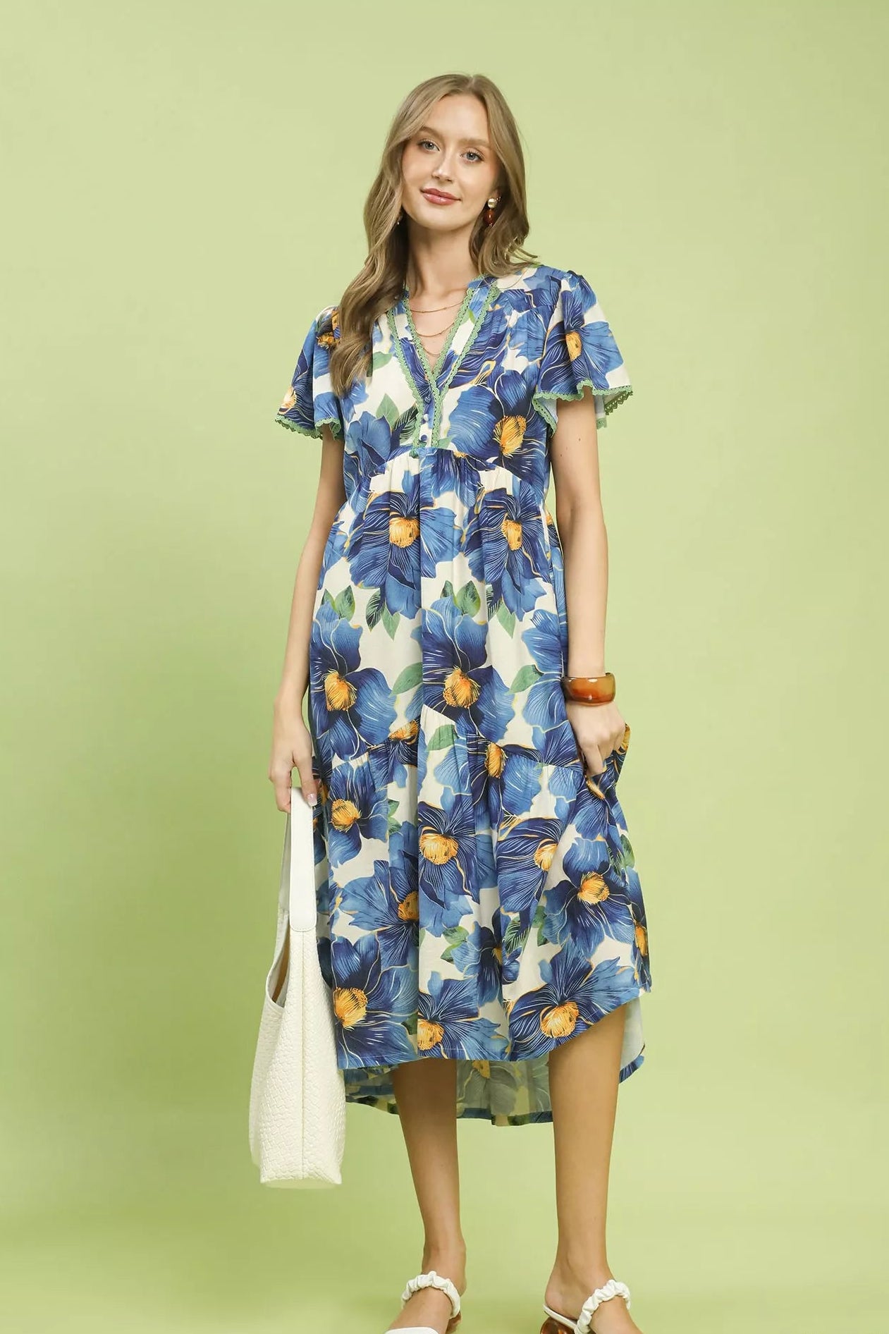 Umgee Blue Tropical Floral Flutter Sleeve Tiered Midi Dress
