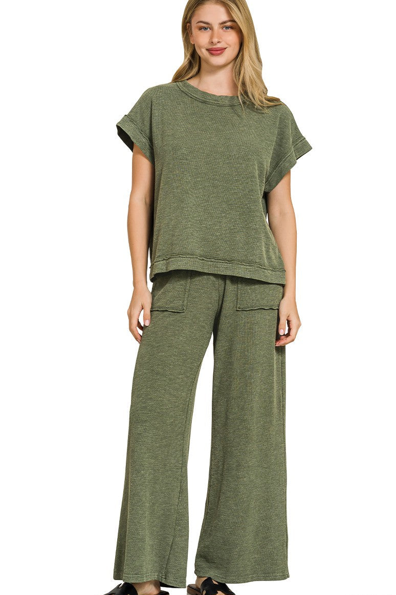Zenana Cotton Slub Short Sleeve Tee and Pants Set in Dark Olive