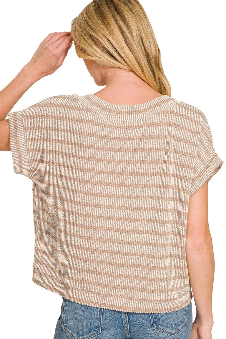 Zenana Boxy Raised Rib Striped Top in Ash Mocha
