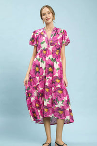 Umgee Pink Tropical Floral Flutter Sleeve Tiered Midi Dress