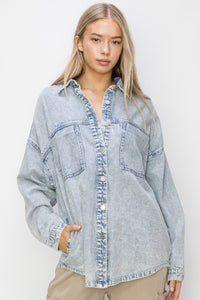 RISEN Acid Wash Button Up Long Sleeve Shacket