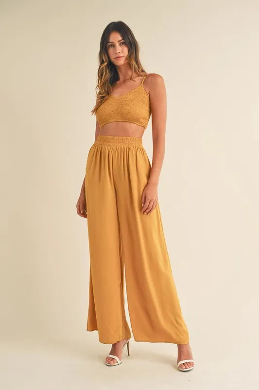 Mable Smocked Bralette Crop Top and Wide Leg Pants Set in Gold Mustard