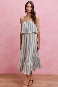 So Me Nautical Stripe Tiered Shoulder Tie Midi Dress