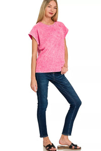 Zenana Halo Washed Cotton Short Sleeve Top in Hot Pink