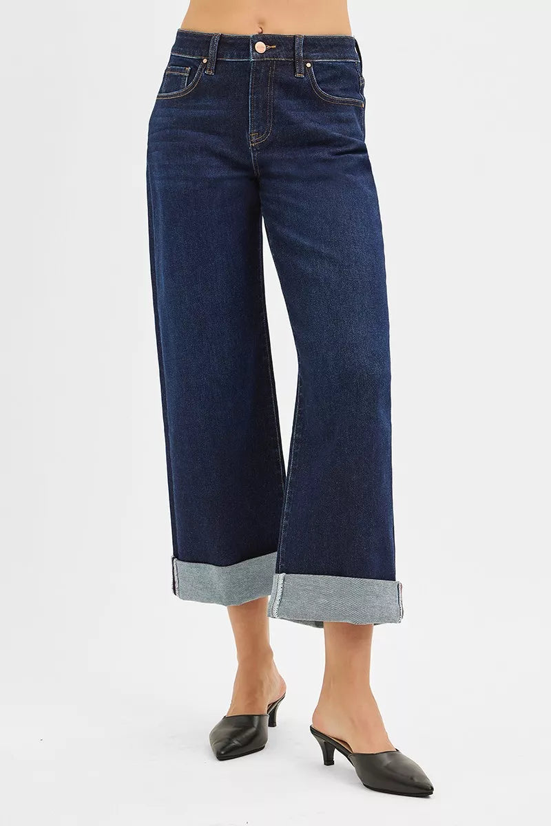 Risen Mid Rise Dark Wash Wide Leg Jeans PWC21182