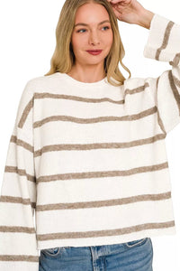 Zenana Striped Sweater in Heather Mocha