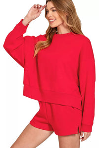Zenana Fleece Round Neck Pullover Sweatshirt and Shorts Set in Ruby Red