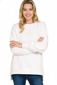 Zenana Fleece Hi-Low Boyfriend Sweatshirt with Pockets - Off White