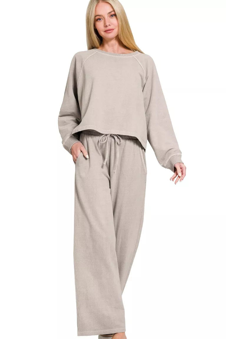 Zenana Washed French Terry Pullover & Pants Set