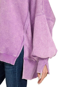 Zenana Acid Washed Batwing Sleeve Fleece Sweatshirt in Violet