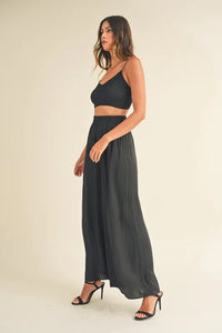 Mable Smocked Bralette Crop Top and Wide Leg Pants Set in Black