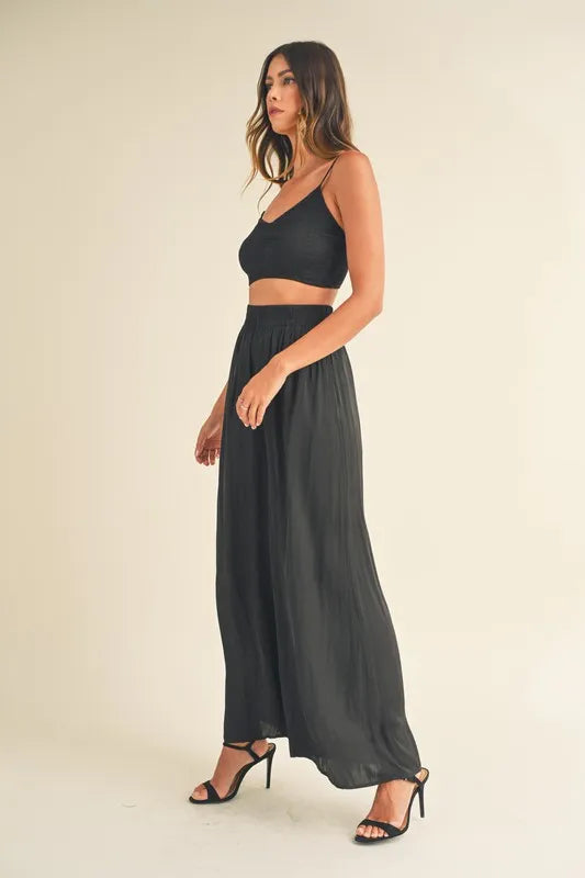 Mable Smocked Bralette Crop Top and Wide Leg Pants Set in Black
