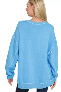 Zenana French Terry Pigment Dyed Pullover in Deep Sky Blue
