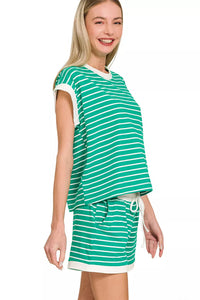 Stripe Contrast Trim Top &amp; Shorts Set in Kelly Green