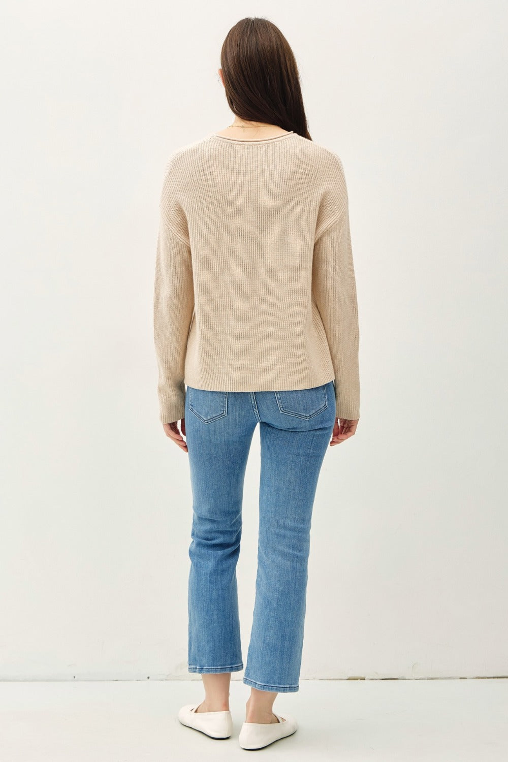 Oatmeal Round Neck Ribbed Sweater