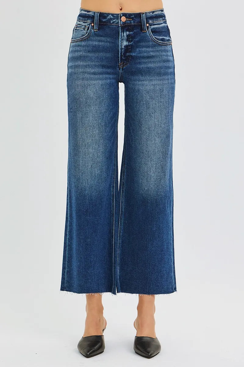 Risen Mid Rise Crop Wide Leg Raw Hem Jeans