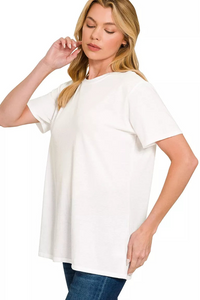 Zenana Cotton Boyfriend Round Neck Tee in White