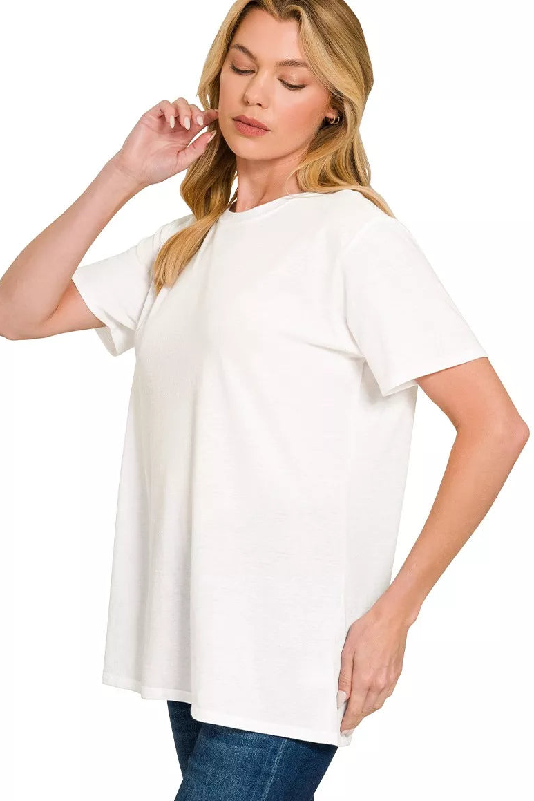 Zenana Cotton Boyfriend Round Neck Tee in White