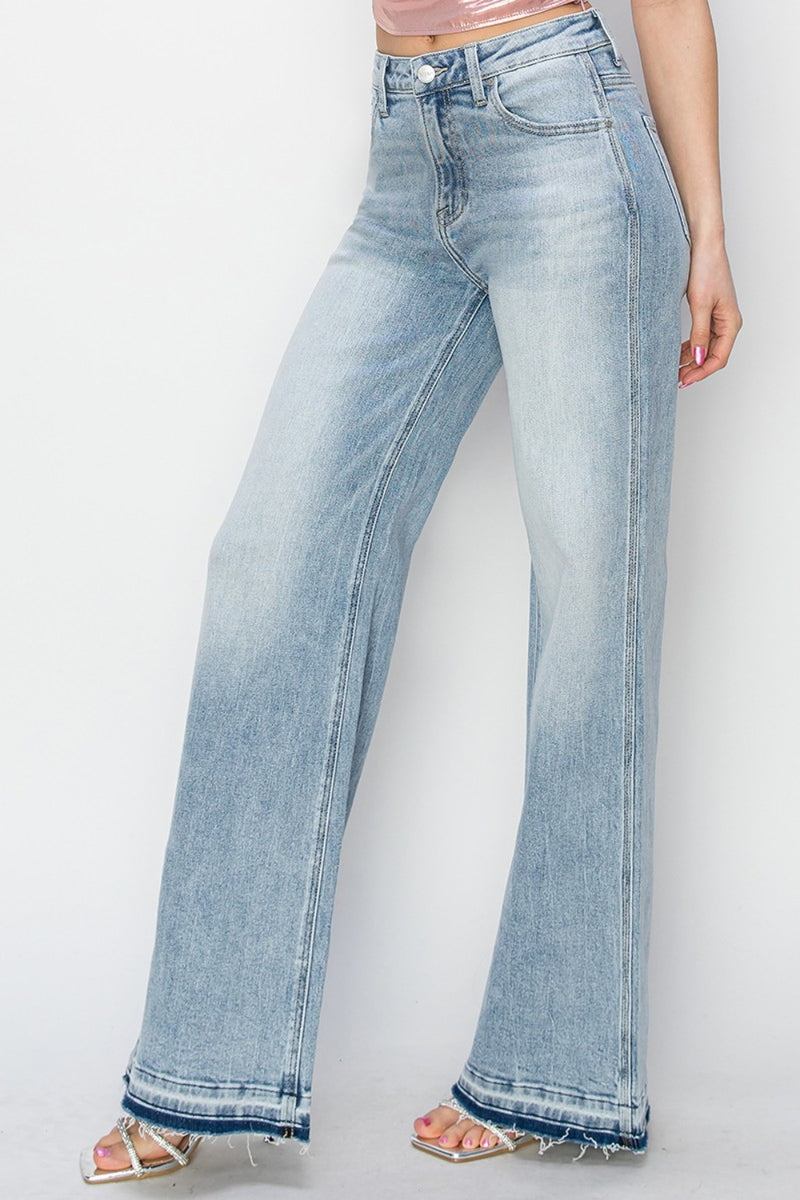 Risen High Rise Release Hem Wide Leg Jeans