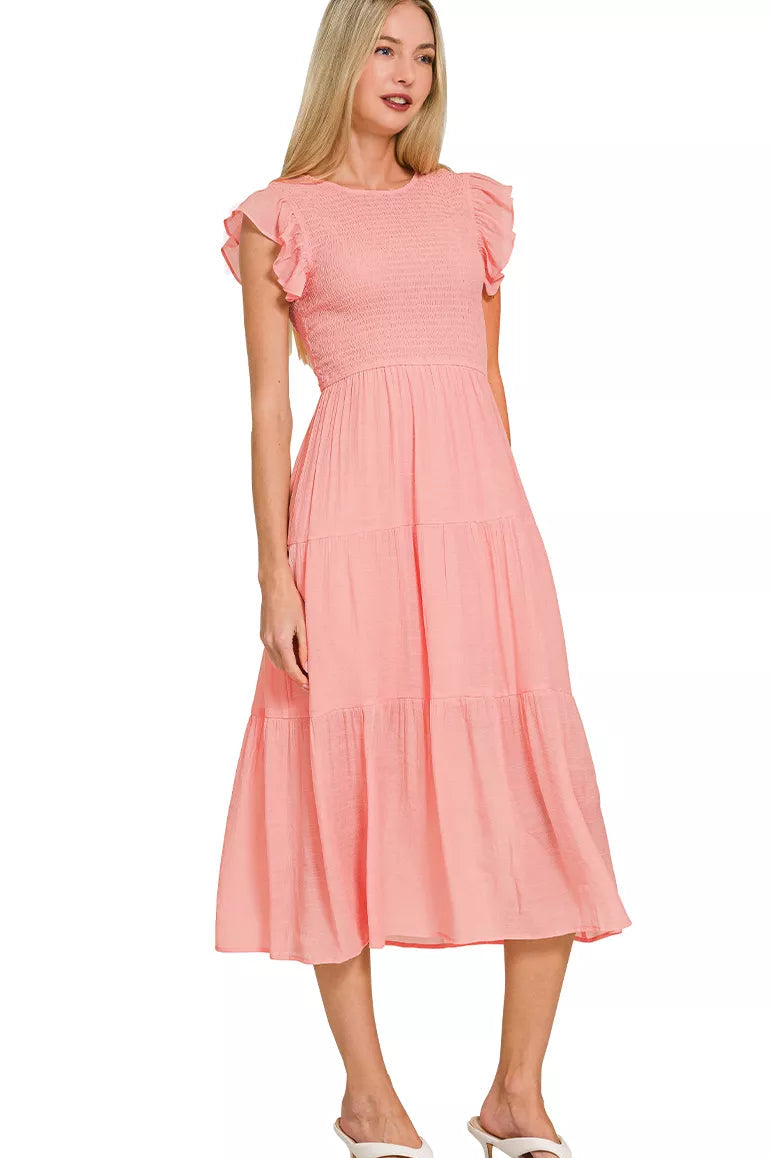 Zenana Woven Smocked Ruffle Sleeve Midi Dress in Dark Pink