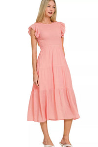 Zenana Woven Smocked Ruffle Sleeve Midi Dress in Dark Pink