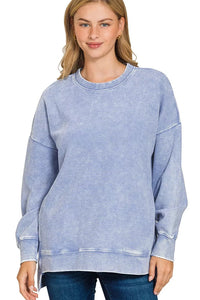 Acid Washed Double Ribbed Hi-low Pullover Sweatshirt in Marlin Blue