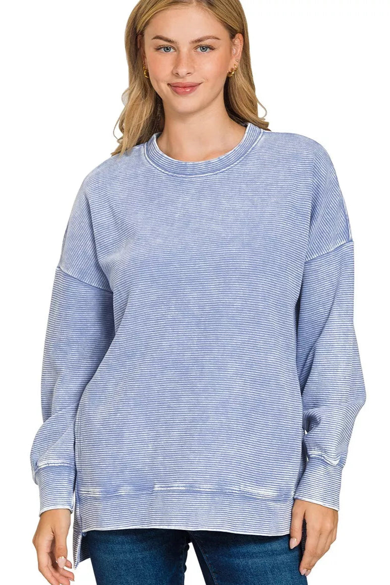 Acid Washed Double Ribbed Hi-low Pullover Sweatshirt in Marlin Blue