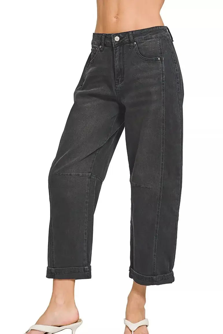 Zenana Mid Rise Barrel Leg Cropped Jeans in Black