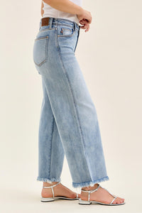 Judy Blue Mid Rise Ankle Wide Leg Fray Hem Jeans