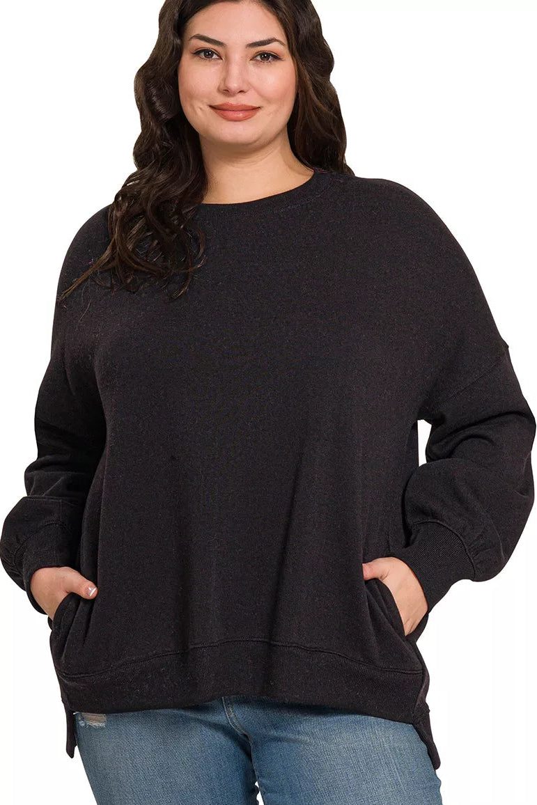 Fleece Hi-Low Boyfriend Sweatshirt with Pockets - Black