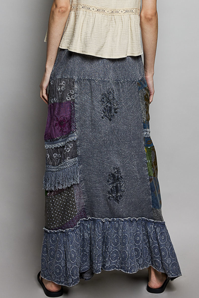 POL One of a Kind - Printed Patchwork Embroidered Ruffled Skirt