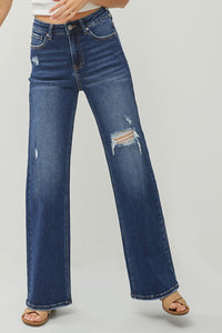 RISEN High Rise Dark Wash Distressed Wide Leg Jeans