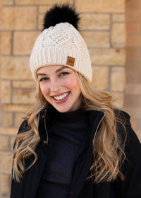 Ivory Cable Knit Fleece Lined Hat w/ Black Pom