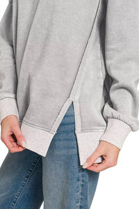 Fleece Acid Washed Contrast Trim Pullover Sweatshirt in Sleet Gray