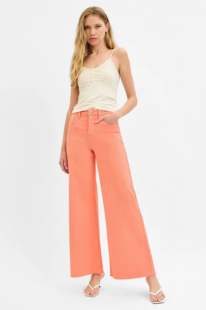 Risen High Rise Tummy Control Wide Leg Coral Palazzo Jeans
