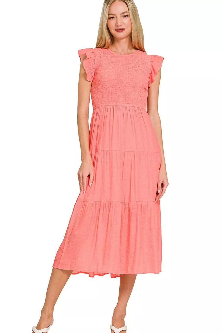 Woven Smocked Ruffle Sleeve Midi Dress in Coral