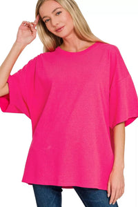 Zenana Cotton Short Sleeve Oversized Tee in Hot Pink